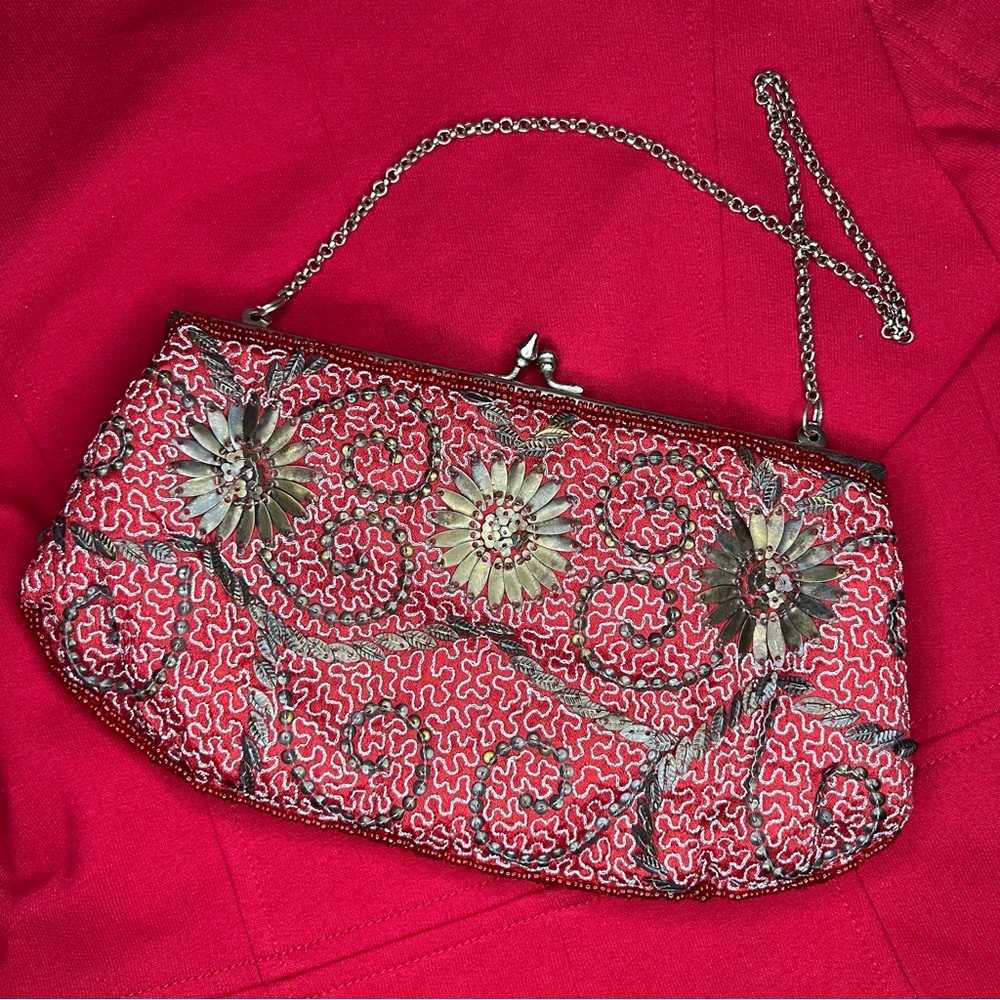 K.C. Malhan Bronze Beaded Red Evening Bag/Clutch